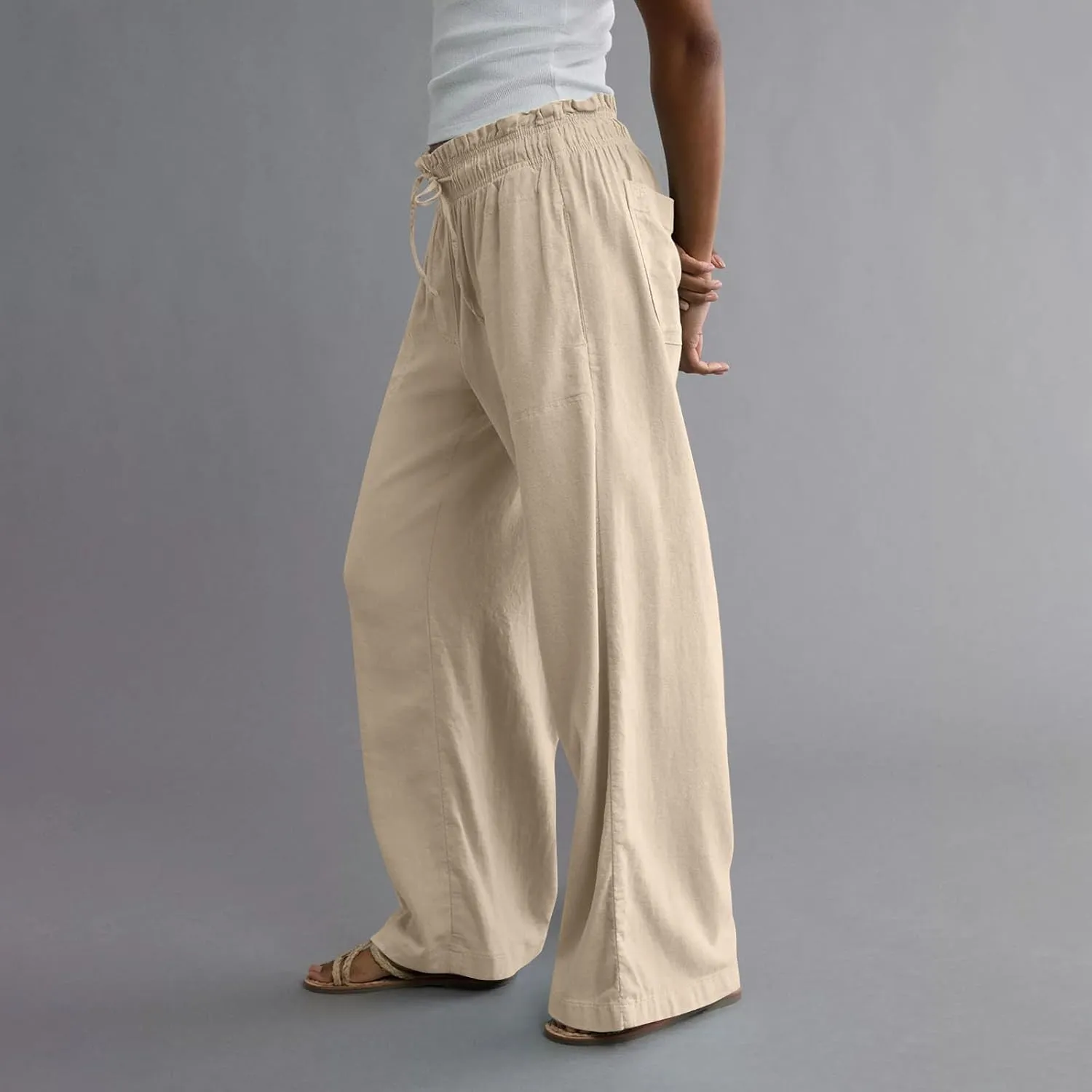 Business Casual Pants for Women Summer Drawstring High Waisted Linen Pants Comfy Cotton Linen Trousers with Pockets