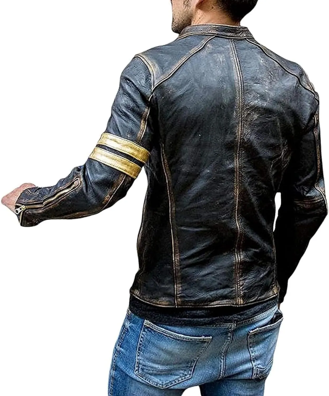 Cafe Racer Golden Stripes Distressed Black Motorcycle Vintage Biker Genuine Leather Jacket