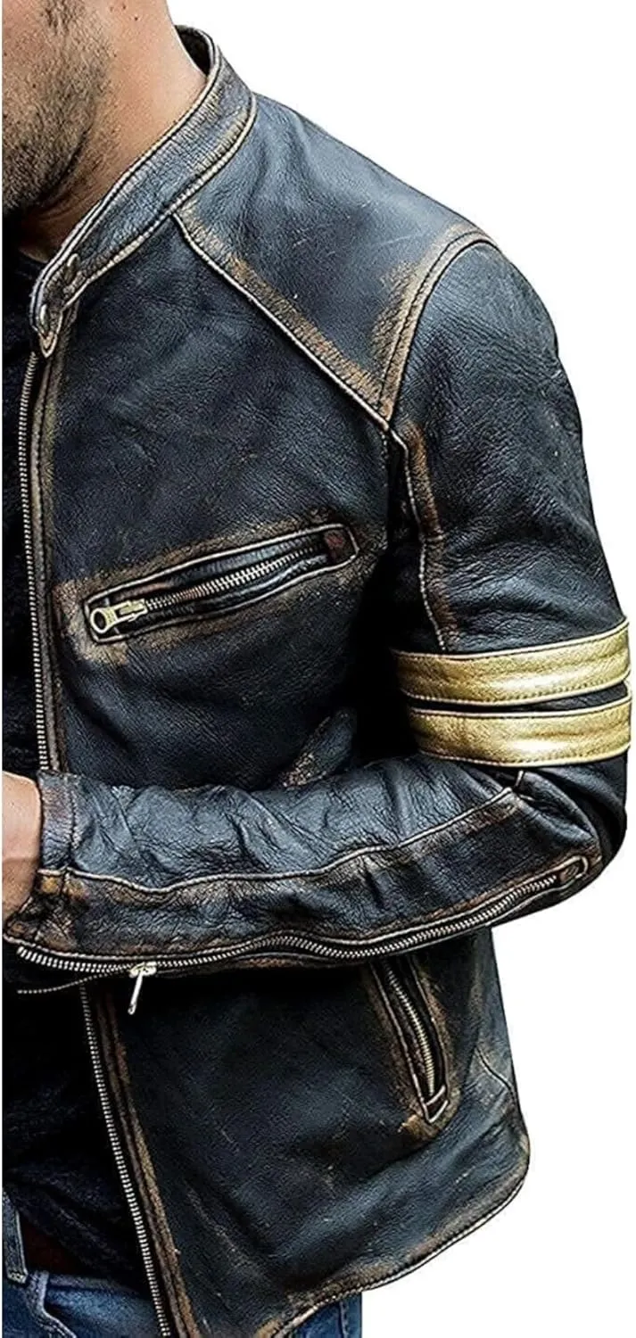 Cafe Racer Golden Stripes Distressed Black Motorcycle Vintage Biker Genuine Leather Jacket