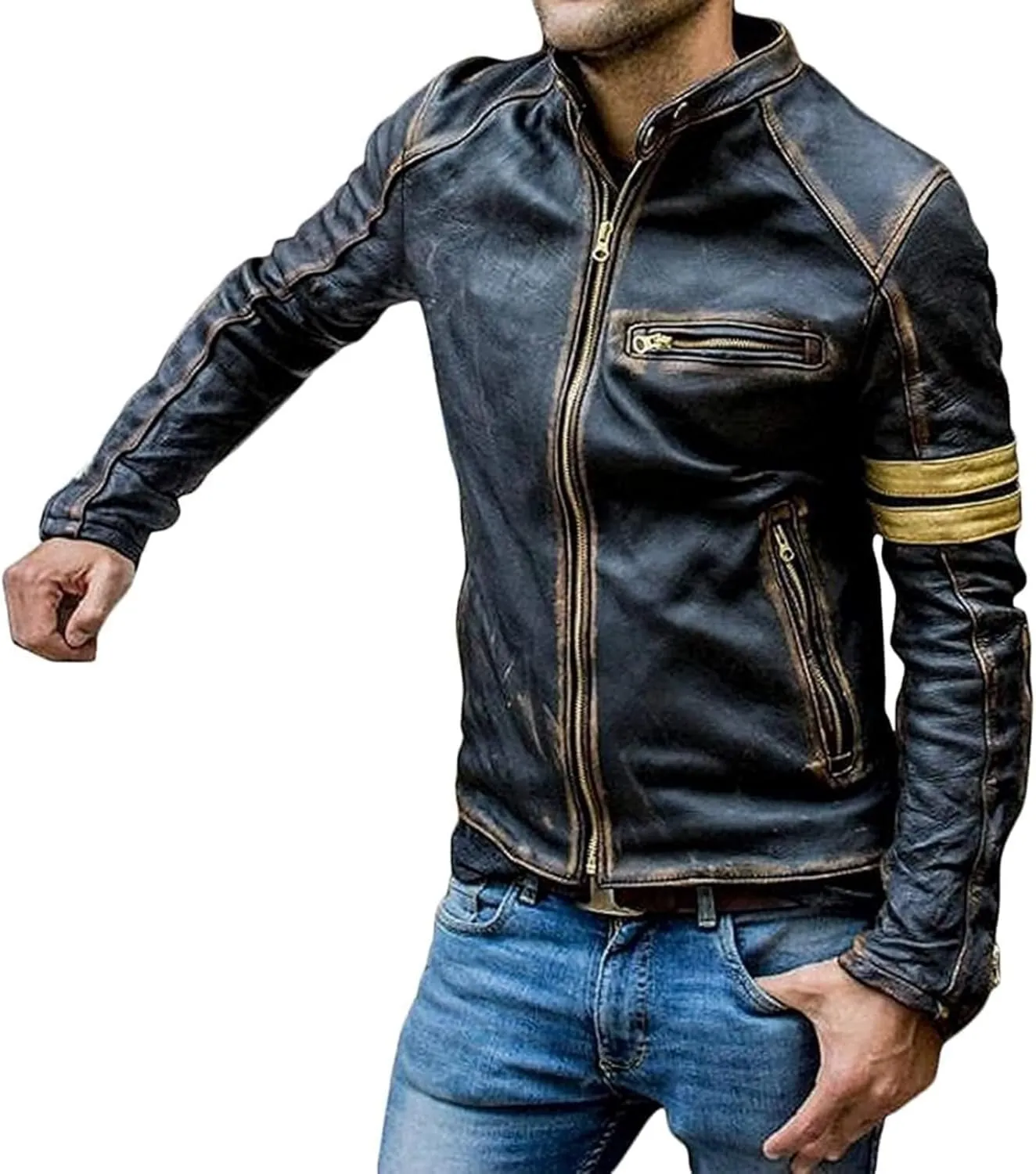 Cafe Racer Golden Stripes Distressed Black Motorcycle Vintage Biker Genuine Leather Jacket