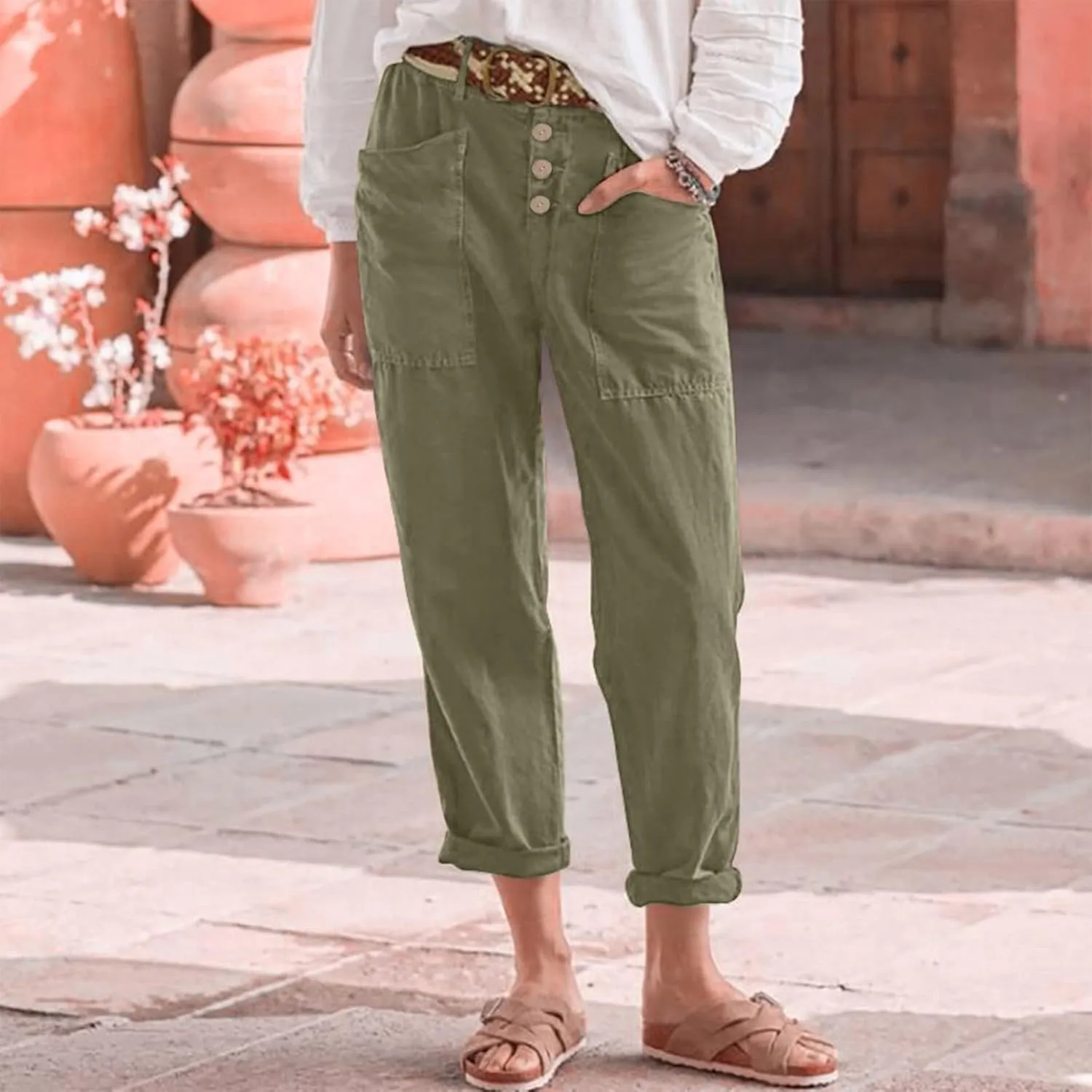 Capri Linen Pants for Women Cropped Straight Leg High Waisted Dress Pants Plus Size Ankle Casual Summer Pants 2025