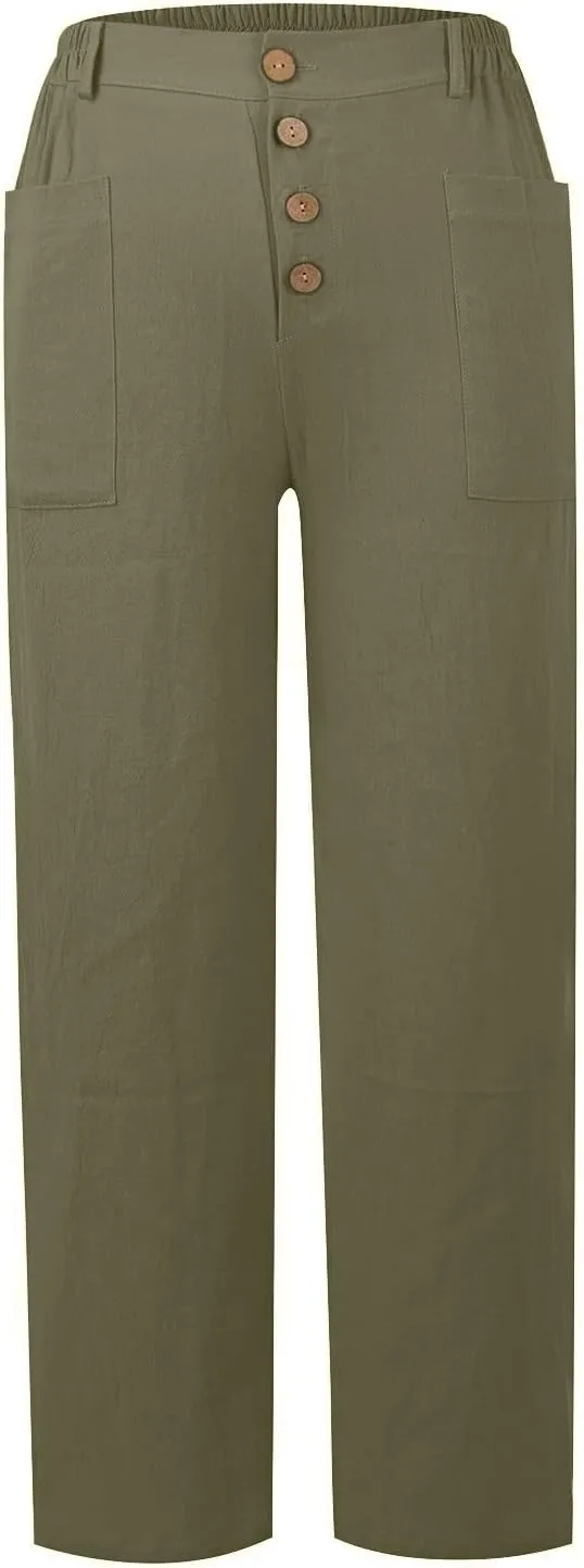 Capri Linen Pants for Women Cropped Straight Leg High Waisted Dress Pants Plus Size Ankle Casual Summer Pants 2025