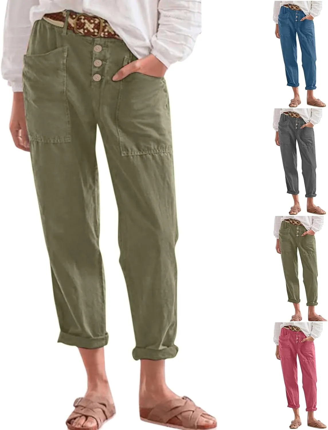Capri Linen Pants for Women Cropped Straight Leg High Waisted Dress Pants Plus Size Ankle Casual Summer Pants 2025
