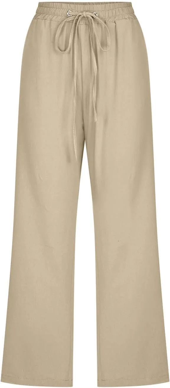 Capri Pants for Women Casual Summer Drawstring Elestic High Waist Cropped Trouser Plus Size Cotton Linen Capris