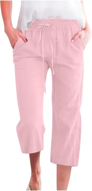 Capri Pants for Women Casual Summer Drawstring Elestic High Waist Cropped Trouser Plus Size Cotton Linen Capris