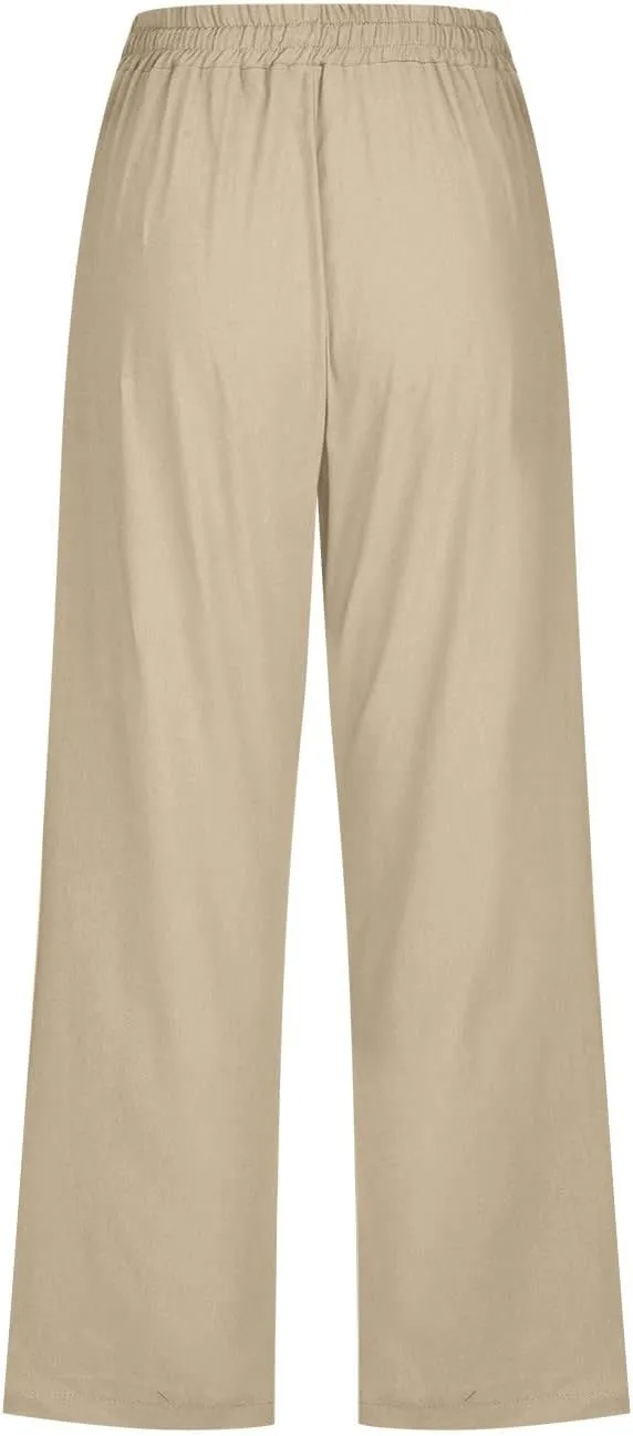 Capri Pants for Women Casual Summer Drawstring Elestic High Waist Cropped Trouser Plus Size Cotton Linen Capris