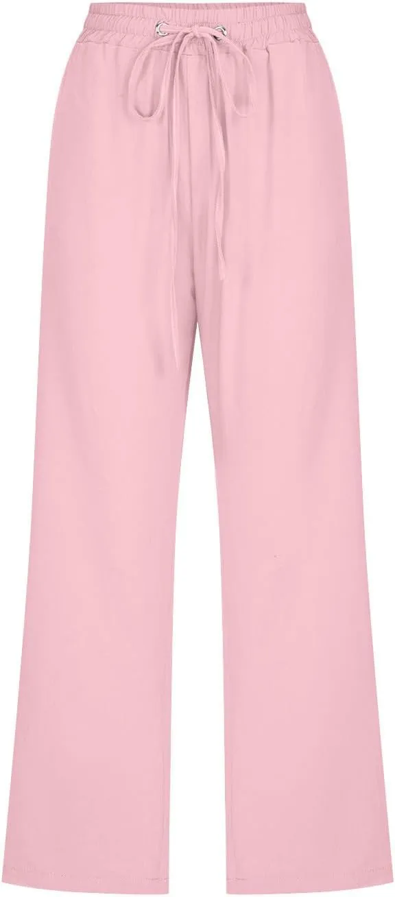 Capri Pants for Women Casual Summer Drawstring Elestic High Waist Cropped Trouser Plus Size Cotton Linen Capris