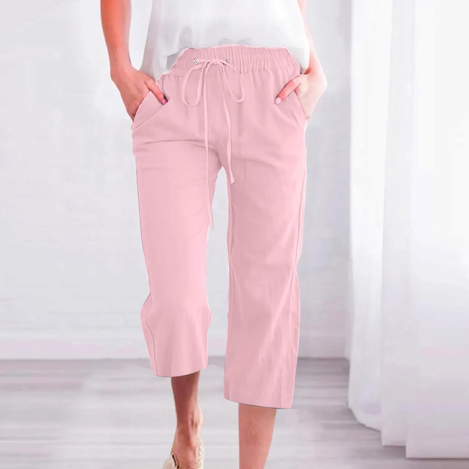 Capri Pants for Women Casual Summer Drawstring Elestic High Waist Cropped Trouser Plus Size Cotton Linen Capris