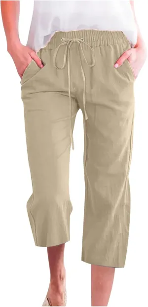 Capri Pants for Women Casual Summer Drawstring Elestic High Waist Cropped Trouser Plus Size Cotton Linen Capris