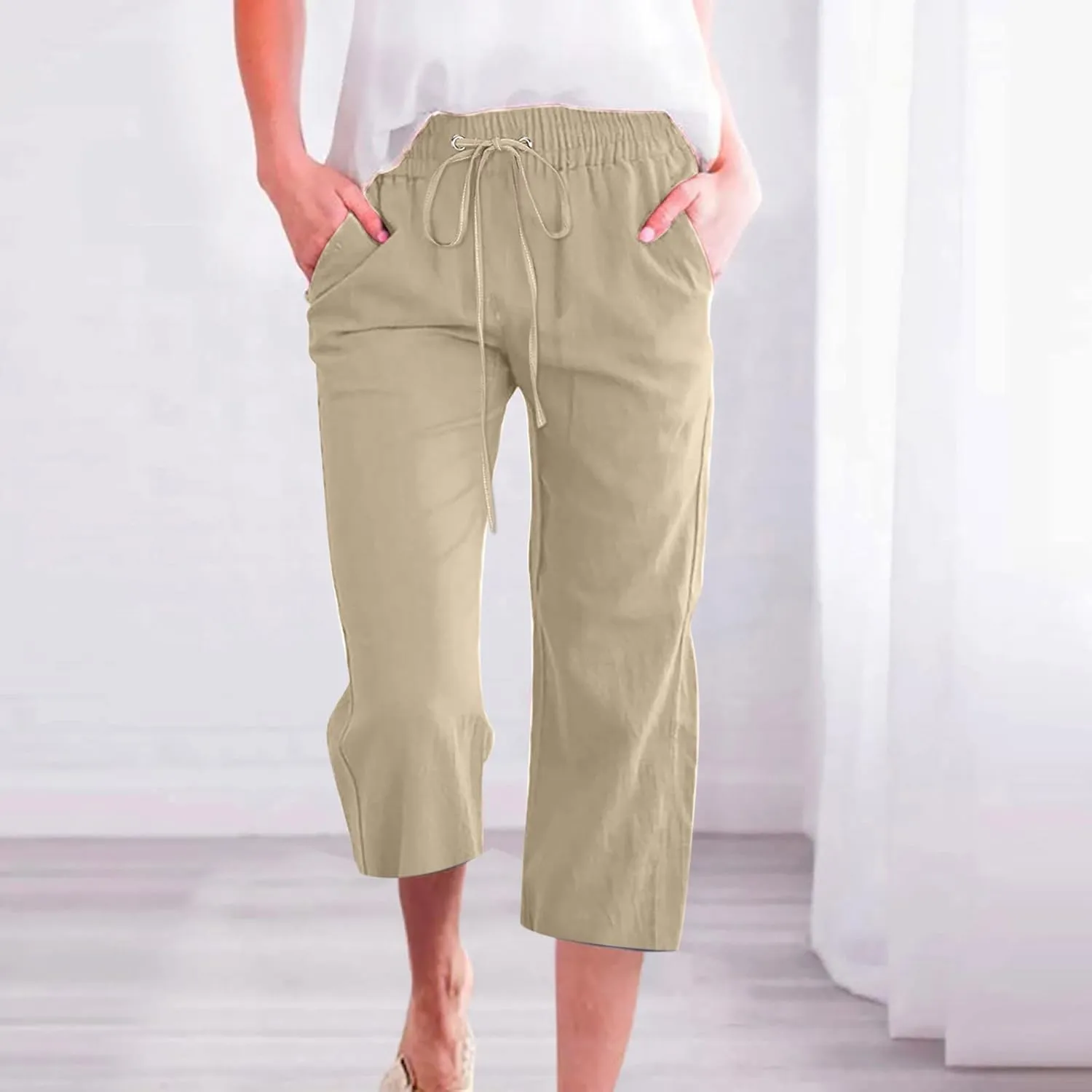 Capri Pants for Women Casual Summer Drawstring Elestic High Waist Cropped Trouser Plus Size Cotton Linen Capris