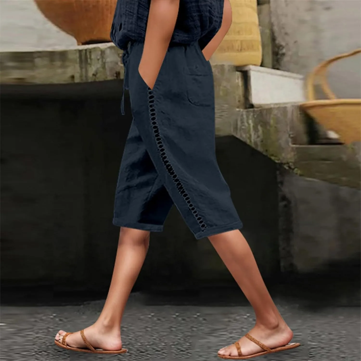 Capri Pants for Women Cotton Linen Capris Drawstring Elastic Waist Side Hollow Out Pants Straight Leg Cropped Trouser