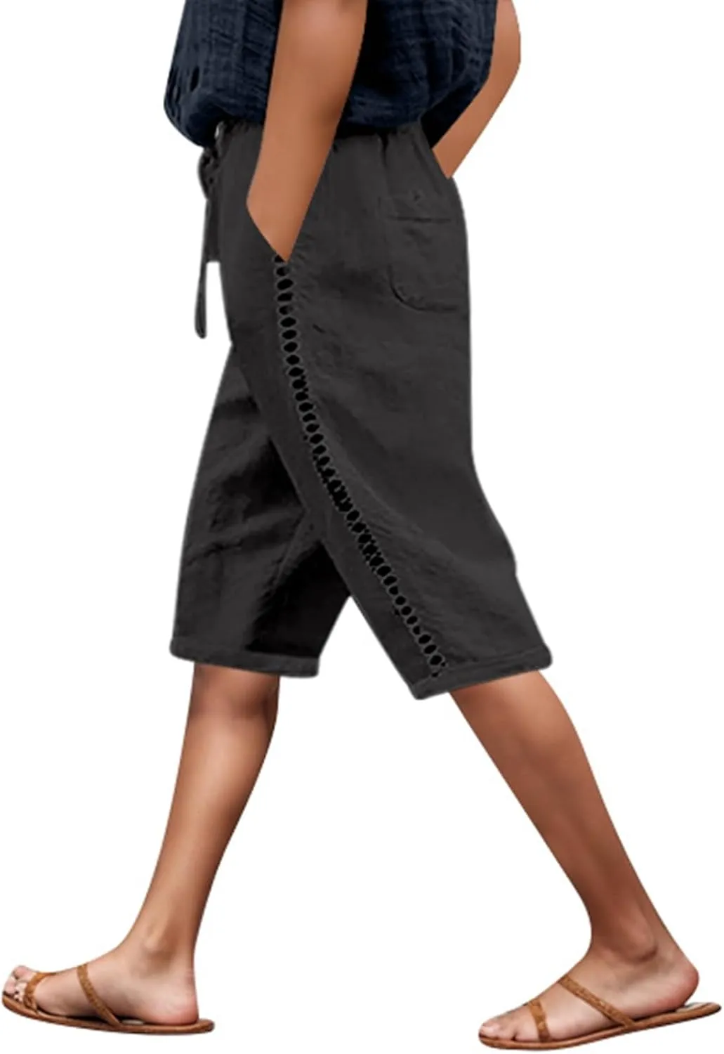 Capri Pants for Women Cotton Linen Capris Drawstring Elastic Waist Side Hollow Out Pants Straight Leg Cropped Trouser