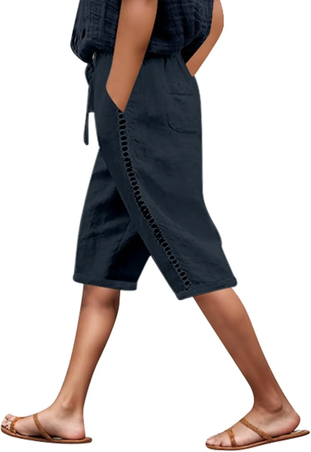 Capri Pants for Women Cotton Linen Capris Drawstring Elastic Waist Side Hollow Out Pants Straight Leg Cropped Trouser