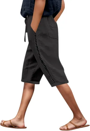 Capri Pants for Women Cotton Linen Capris Drawstring Elastic Waist Side Hollow Out Pants Straight Leg Cropped Trouser
