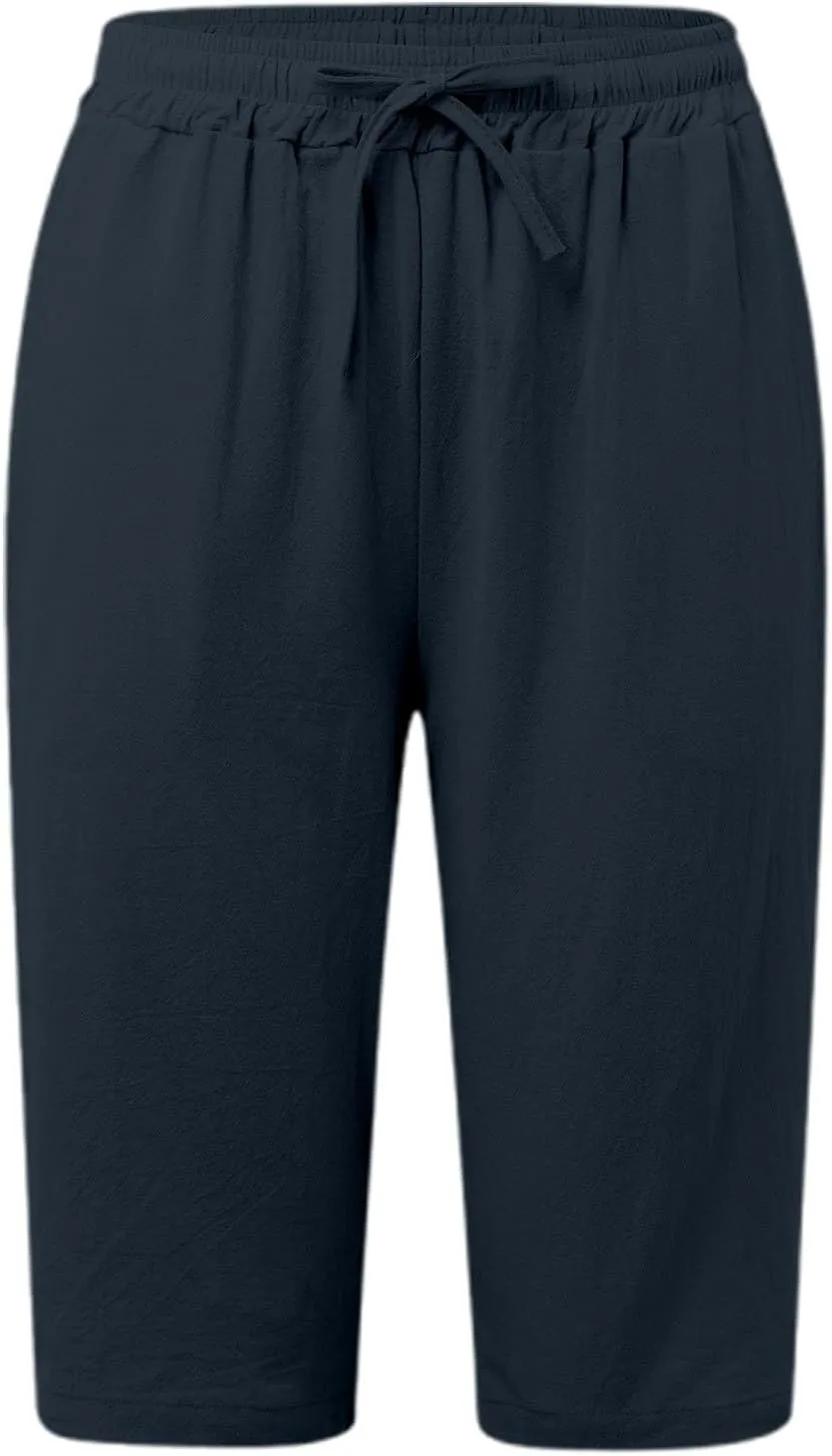 Capri Pants for Women Cotton Linen Capris Drawstring Elastic Waist Side Hollow Out Pants Straight Leg Cropped Trouser