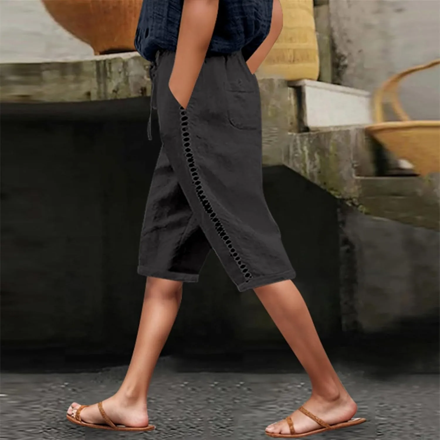 Capri Pants for Women Cotton Linen Capris Drawstring Elastic Waist Side Hollow Out Pants Straight Leg Cropped Trouser