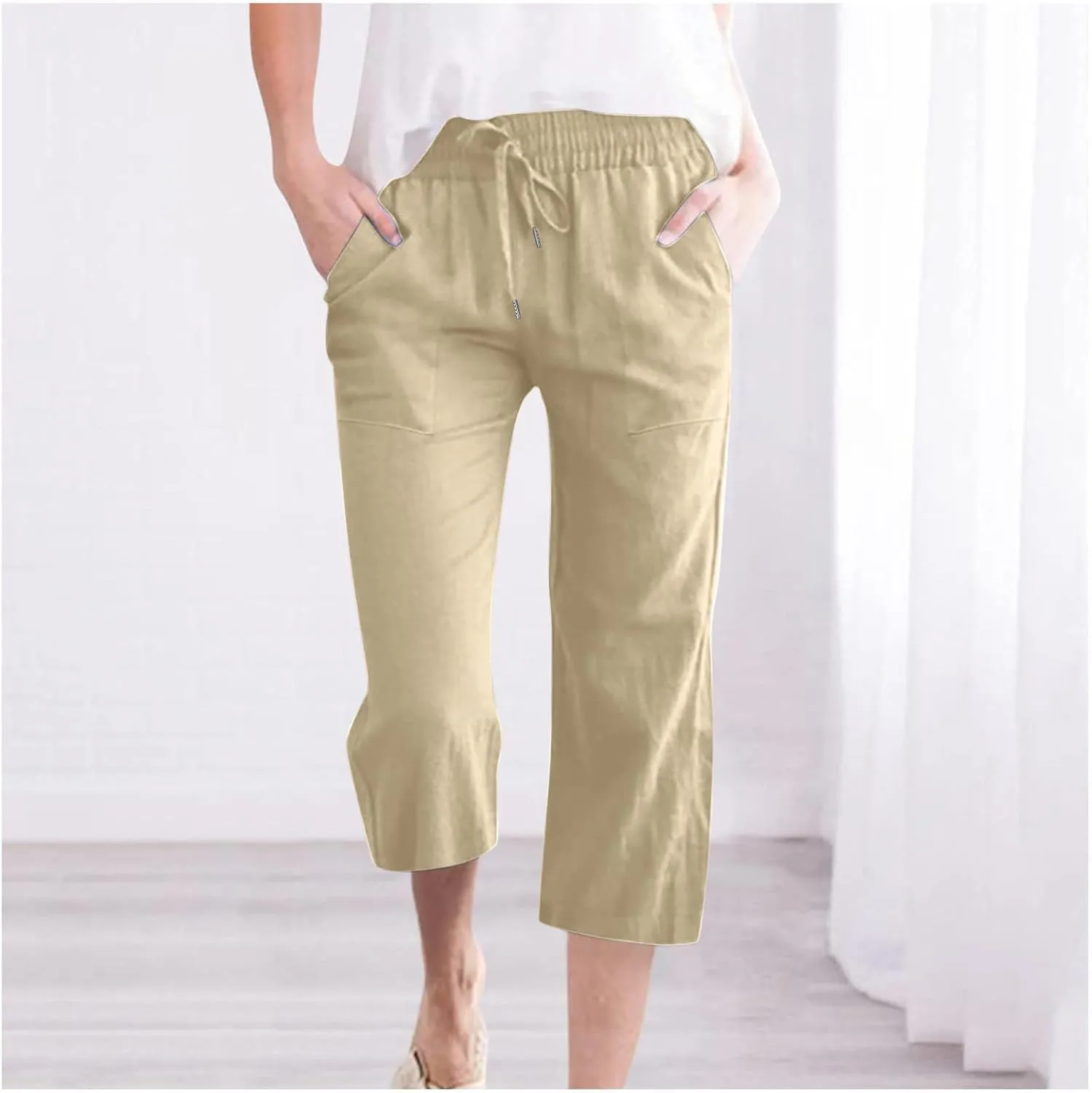 Capri Pants for Women Cotton Linen Summer Pants Elastic Waist Drawstring Wide Leg Capris Beach Travel Vacation Outfits