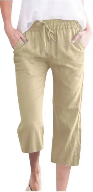 Capri Pants for Women Cotton Linen Summer Pants Elastic Waist Drawstring Wide Leg Capris Beach Travel Vacation Outfits