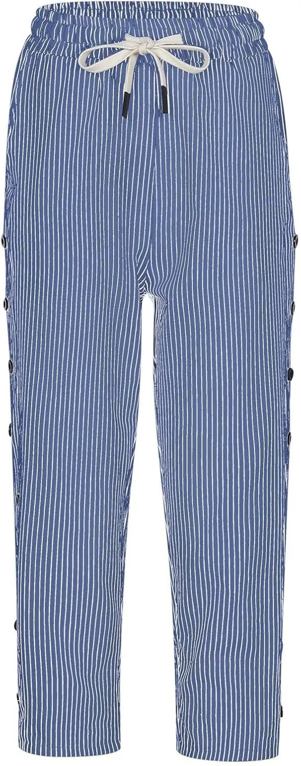 Capri Pants for Women Summer High Waist Elastic Straight Leg Lounge Pant Lightweight Side Button Beach Trousers