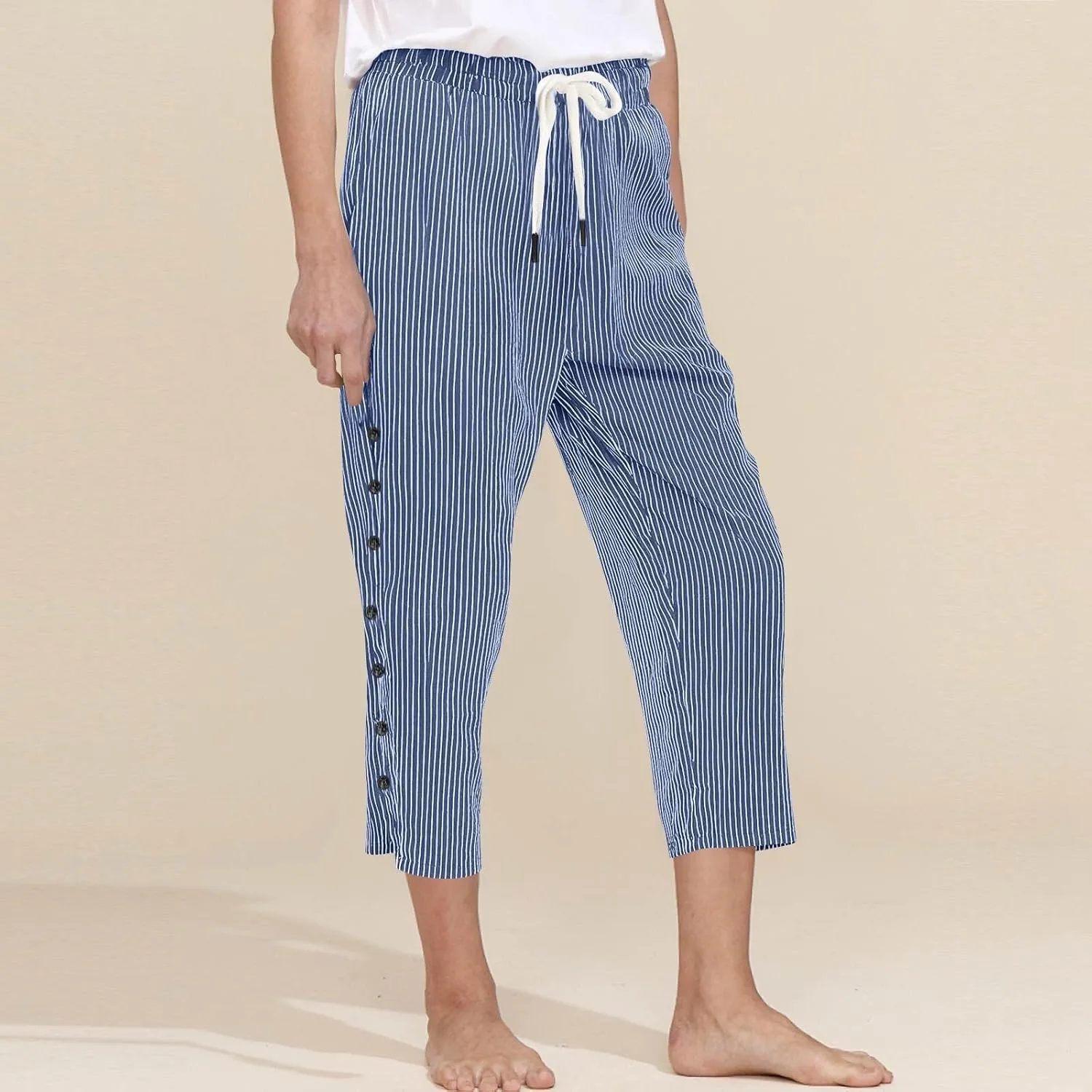 Capri Pants for Women Summer High Waist Elastic Straight Leg Lounge Pant Lightweight Side Button Beach Trousers