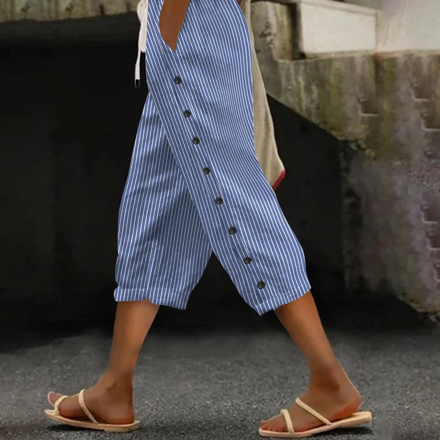 Capri Pants for Women Summer High Waist Elastic Straight Leg Lounge Pant Lightweight Side Button Beach Trousers