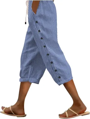 Capri Pants for Women Summer High Waist Elastic Straight Leg Lounge Pant Lightweight Side Button Beach Trousers