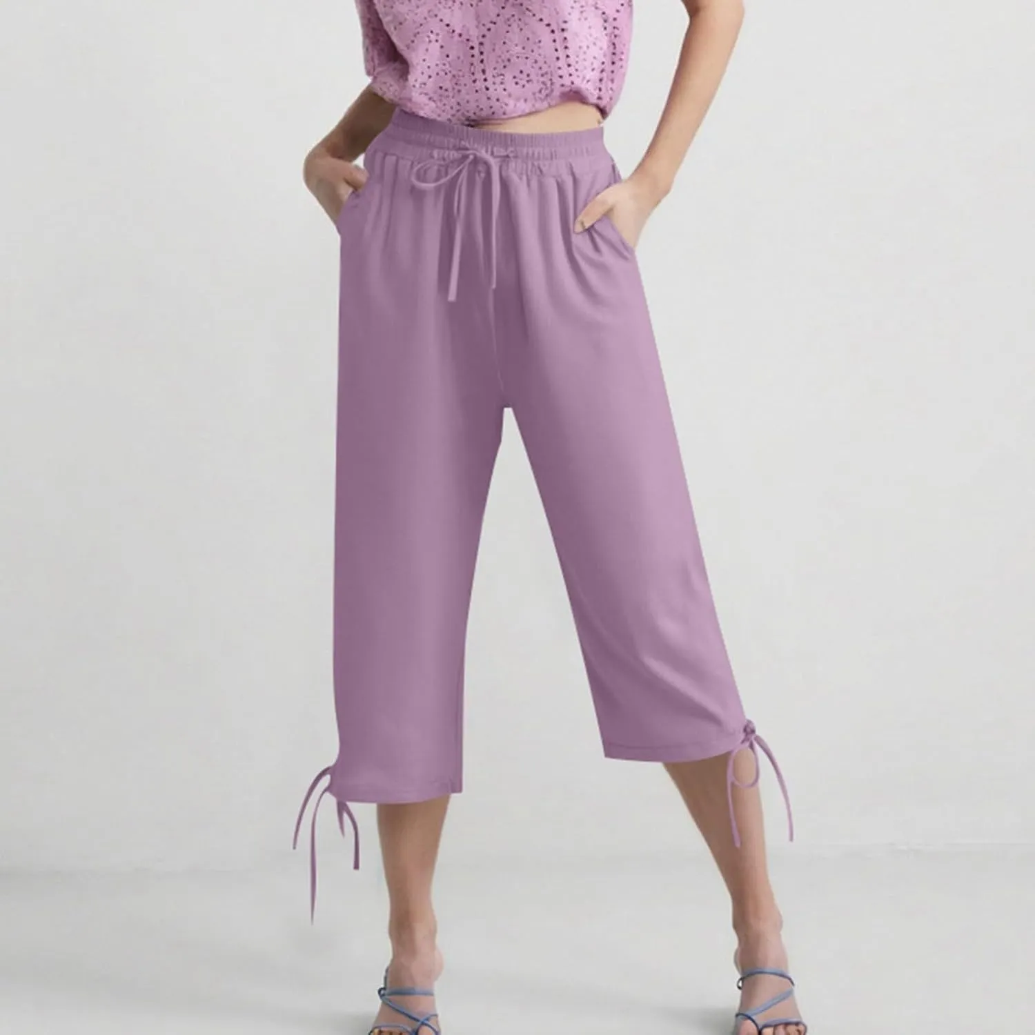 Capris Pants for Women Casual Summer 2025 Linen Straight Leg Cropped Trouser Drawstring Elastic Waist Beach Pants