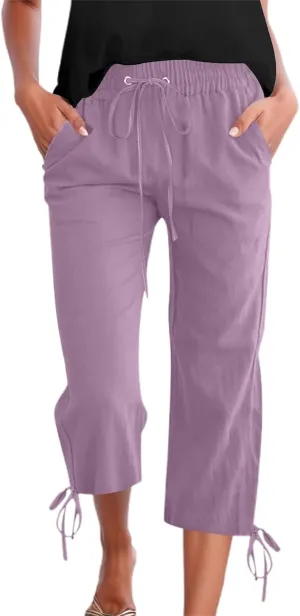 Capris Pants for Women Casual Summer 2025 Linen Straight Leg Cropped Trouser Drawstring Elastic Waist Beach Pants