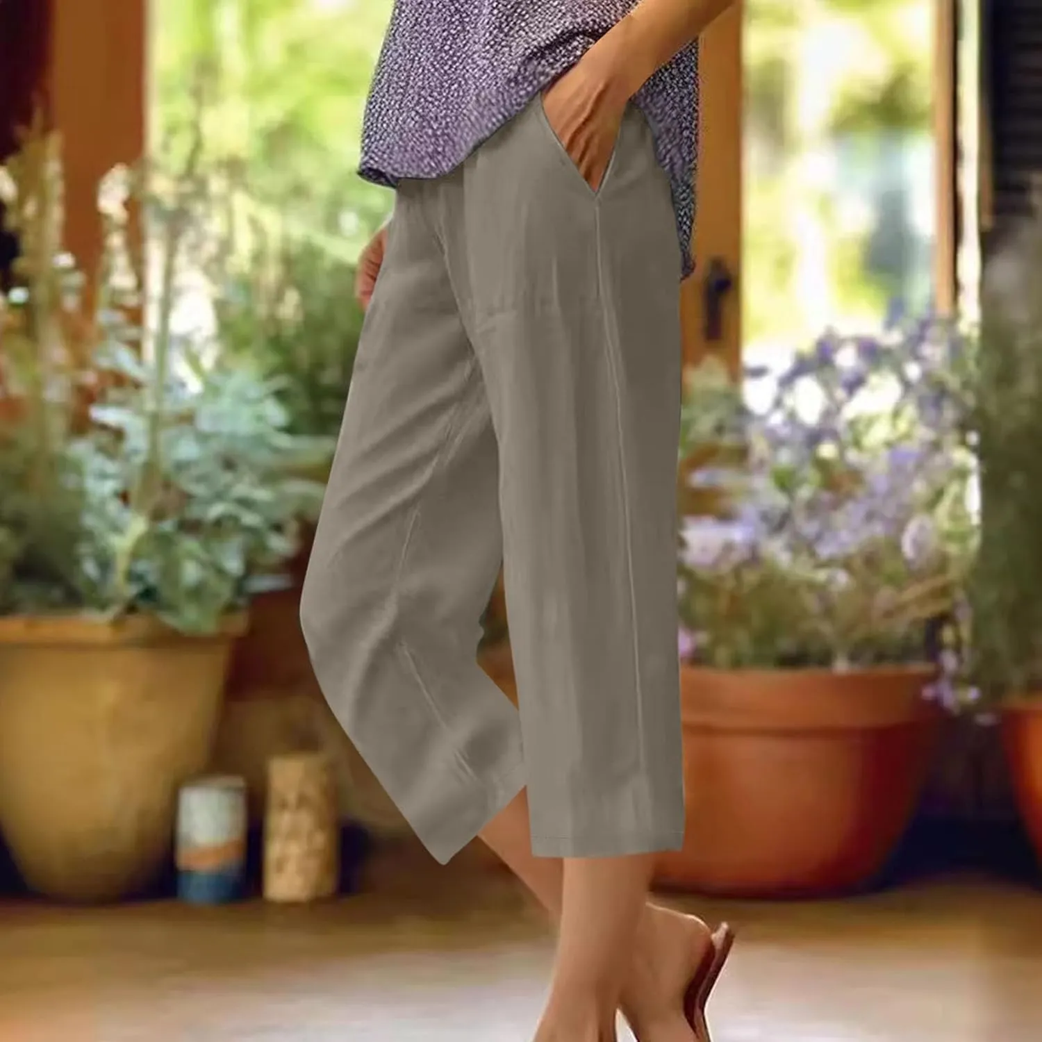 Capris Pants for Women Summer Dressy High Waight Drawstring Linen Pants Plus Size Trendy Beach Lounge Trousers with Pockets