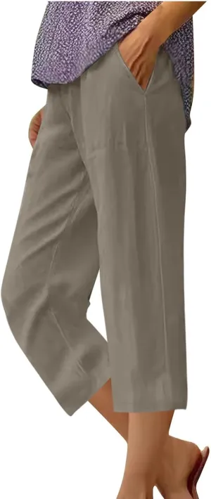 Capris Pants for Women Summer Dressy High Waight Drawstring Linen Pants Plus Size Trendy Beach Lounge Trousers with Pockets