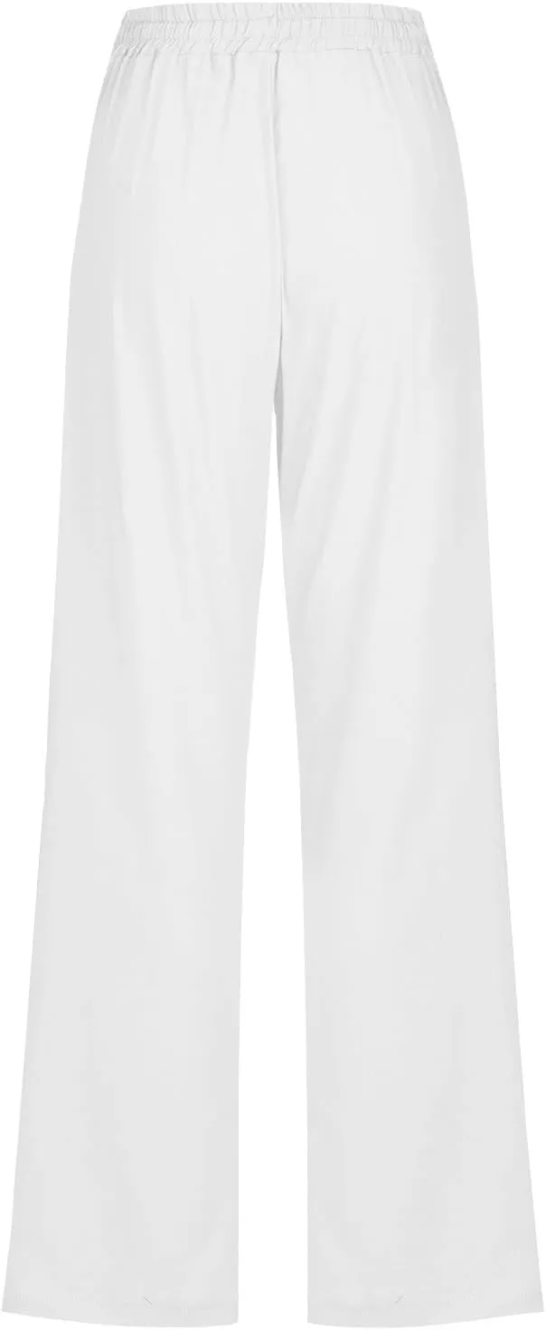 Casual Cotton Linen Pants for Women Lightweight Summer Drawstring Elastic Waist Pants Solid Lounge Long Trousers