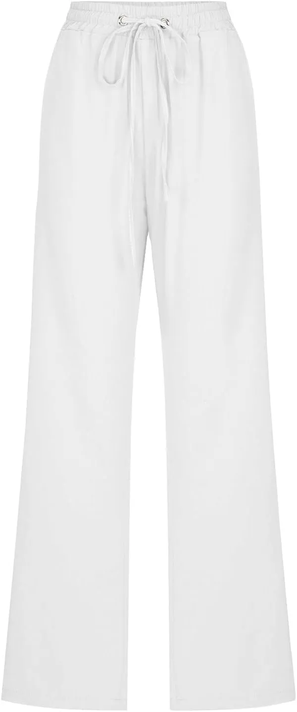 Casual Cotton Linen Pants for Women Lightweight Summer Drawstring Elastic Waist Pants Solid Lounge Long Trousers