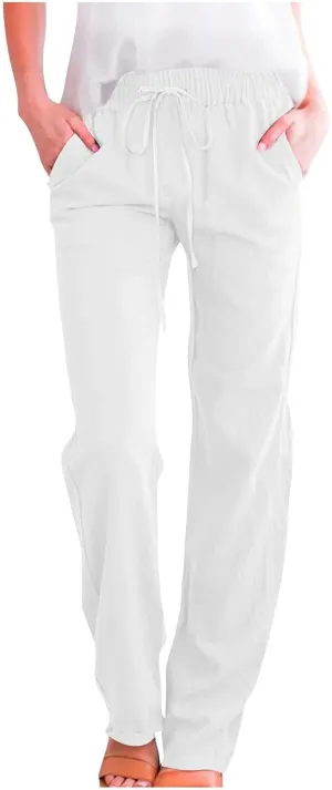 Casual Cotton Linen Pants for Women Lightweight Summer Drawstring Elastic Waist Pants Solid Lounge Long Trousers