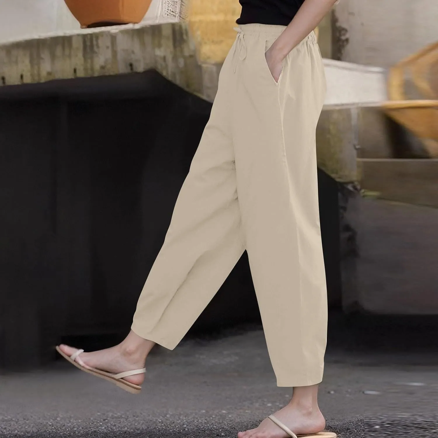 Casual Pants for Women Straight Leg Beach Trousers with Pockets Baggy Elastic Waist Lounge Slacks