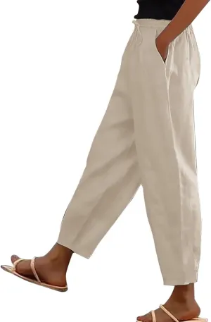 Casual Pants for Women Straight Leg Beach Trousers with Pockets Baggy Elastic Waist Lounge Slacks
