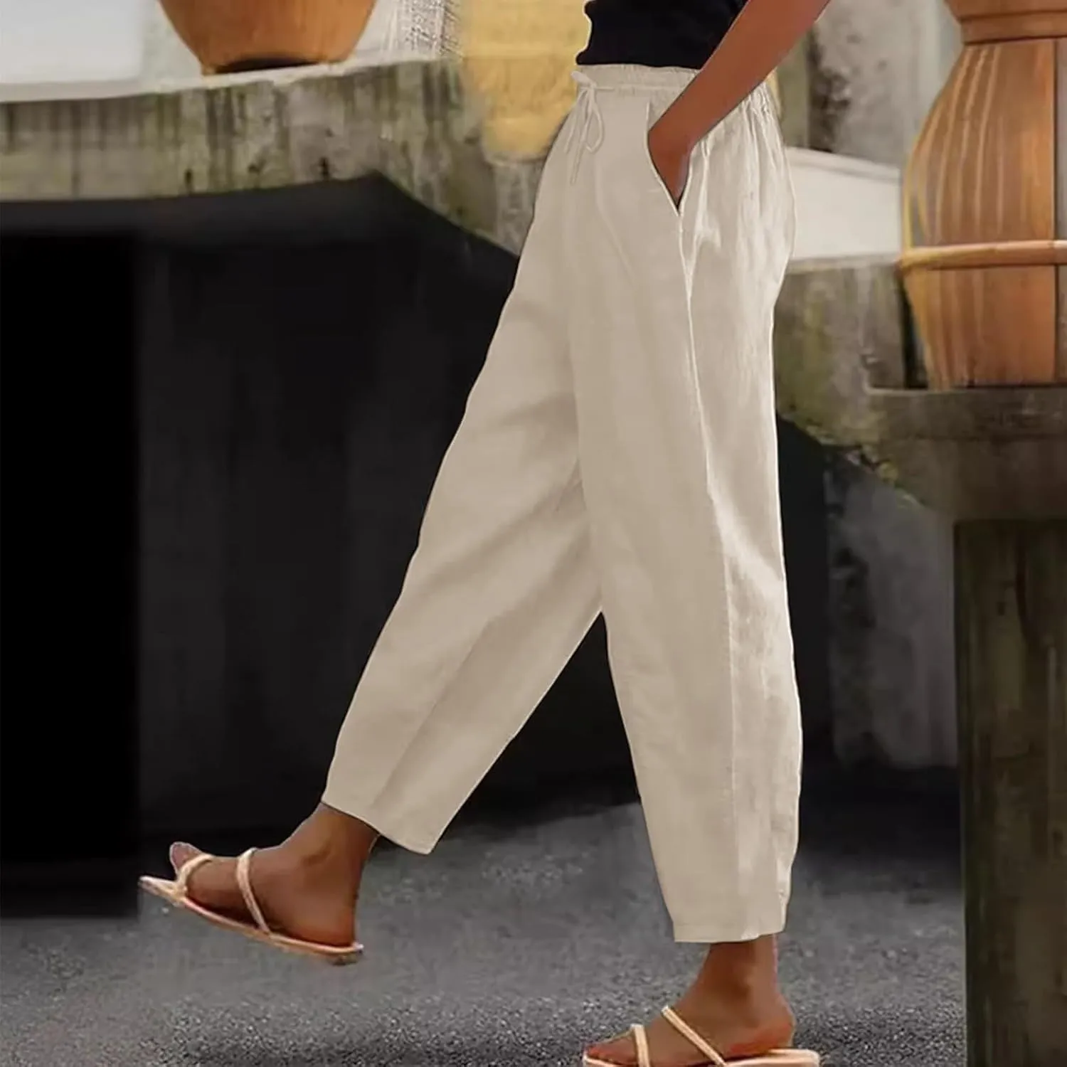 Casual Pants for Women Straight Leg Beach Trousers with Pockets Baggy Elastic Waist Lounge Slacks