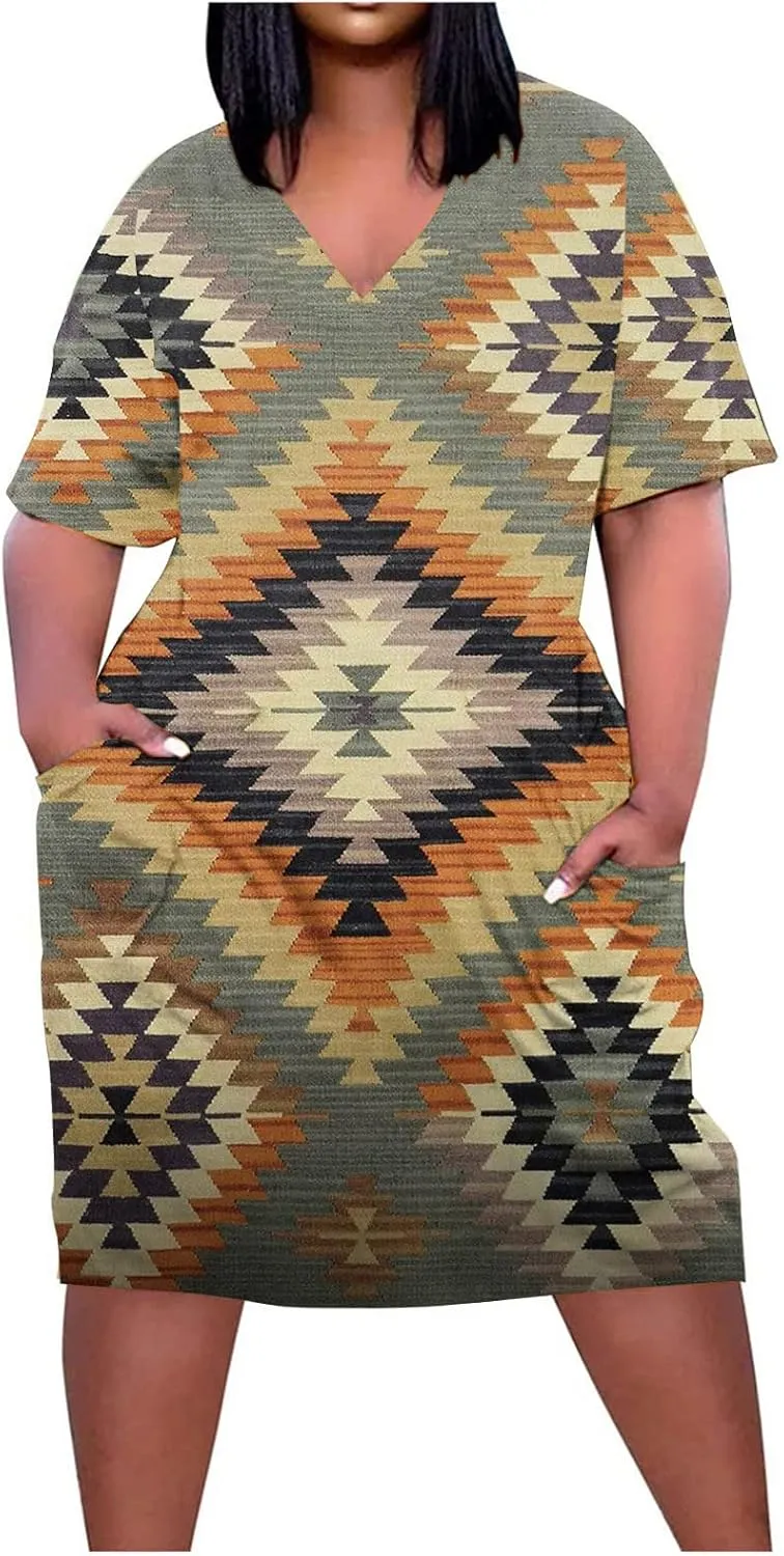 Ceboyel Women Plus Size Summer Dress Aztec Tshirt Dress Short Sleeve Western Dresses Trendy Beach Outfits with Pockets 2023