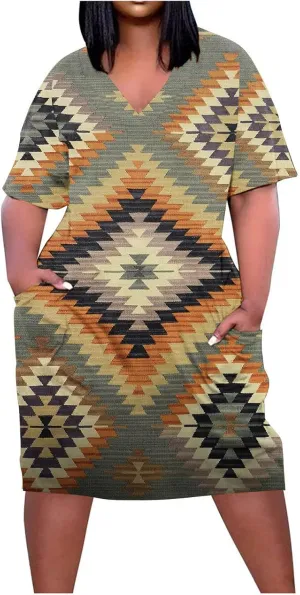 Ceboyel Women Plus Size Summer Dress Aztec Tshirt Dress Short Sleeve Western Dresses Trendy Beach Outfits with Pockets 2023
