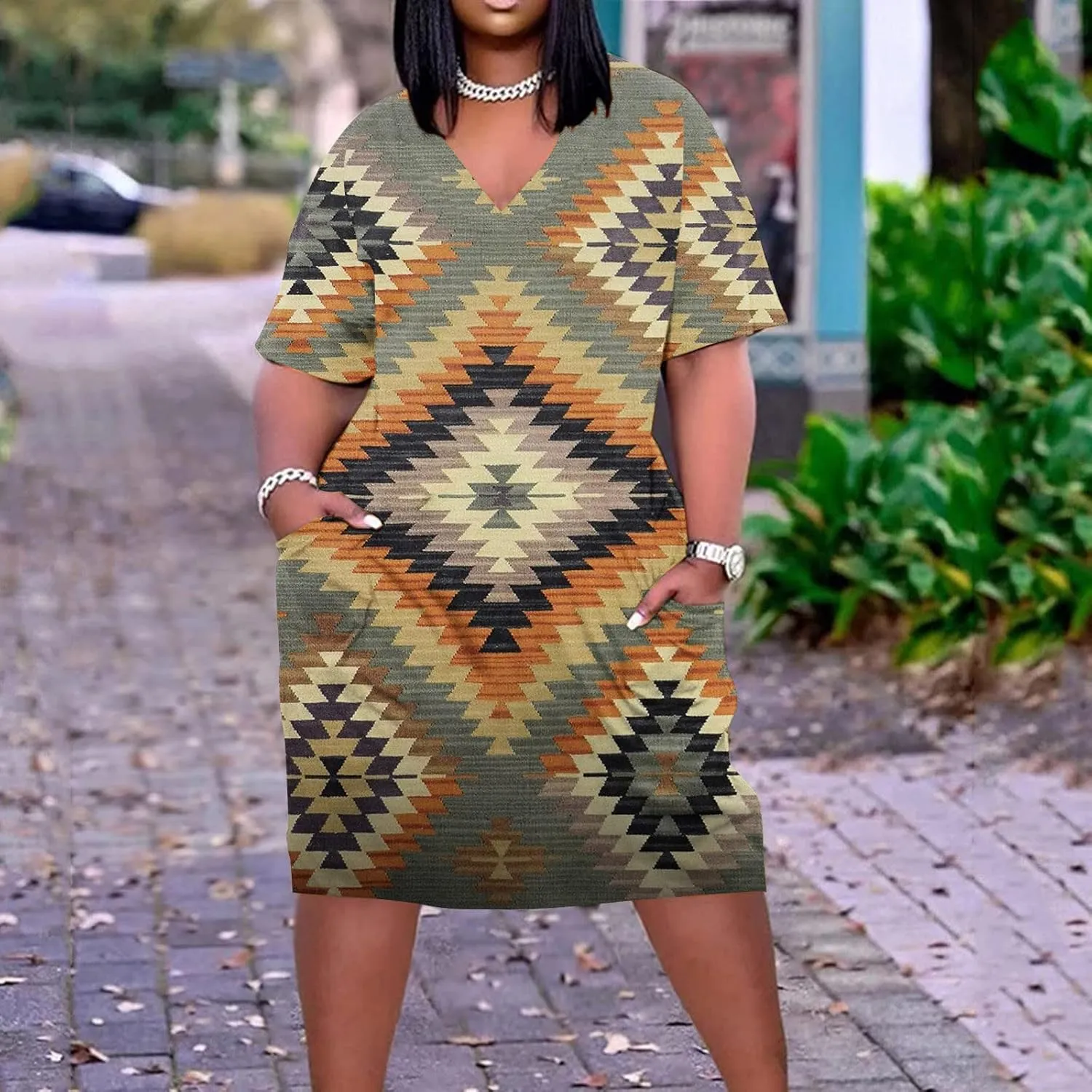 Ceboyel Women Plus Size Summer Dress Aztec Tshirt Dress Short Sleeve Western Dresses Trendy Beach Outfits with Pockets 2023