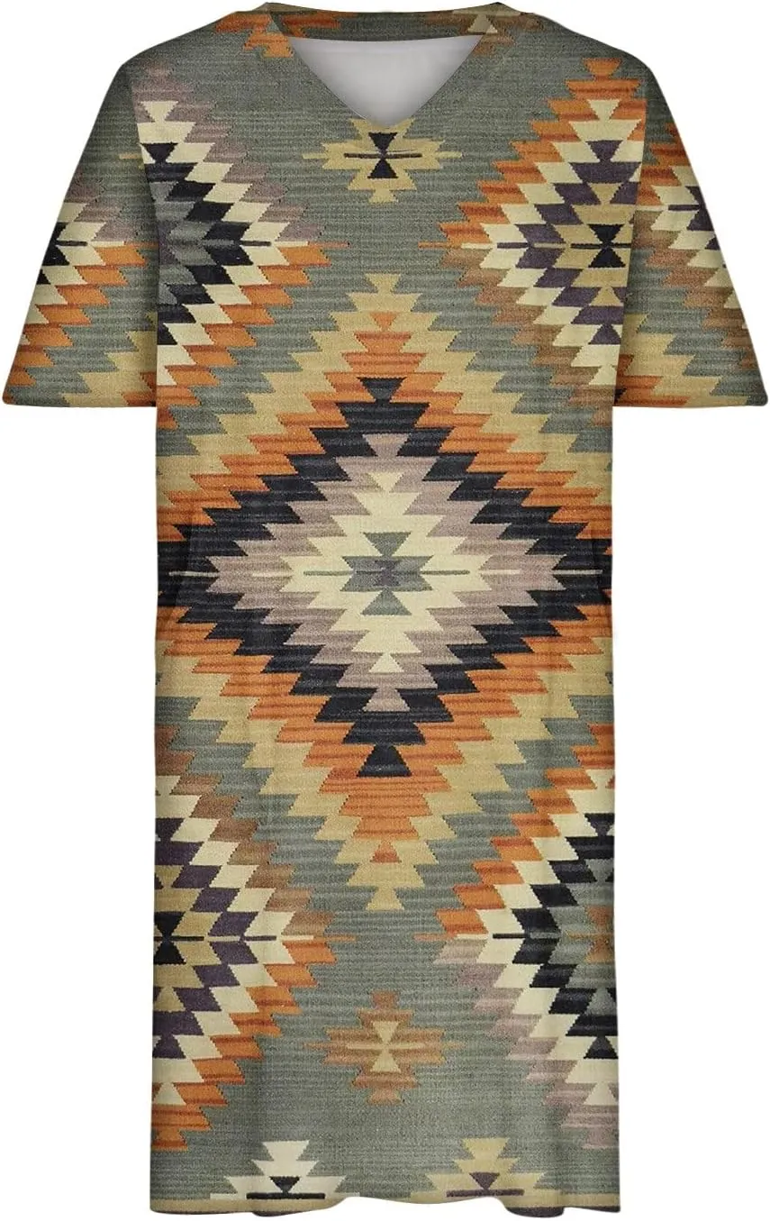 Ceboyel Women Plus Size Summer Dress Aztec Tshirt Dress Short Sleeve Western Dresses Trendy Beach Outfits with Pockets 2023