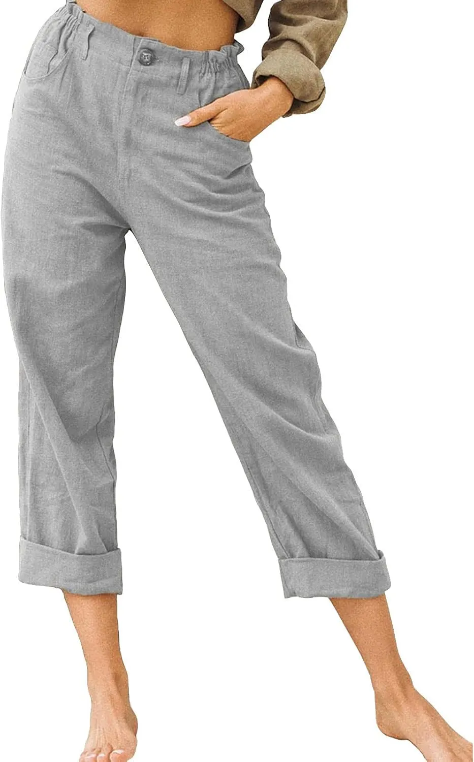 Ceboyel Women's Cotton Linen Capris Pants Straight Wide Leg Pants Summer Baggy Trouser Causal Relax Fit Trendy Outfits 2023