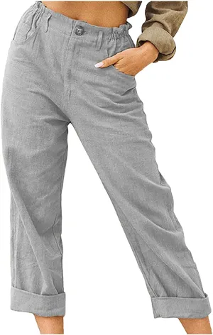 Ceboyel Women's Cotton Linen Capris Pants Straight Wide Leg Pants Summer Baggy Trouser Causal Relax Fit Trendy Outfits 2023