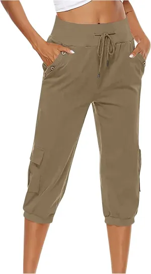 Ceboyel Women's Cotton Linen Crop Capris Drawstring Summer Cargo Pants Trendy Casual Straight Pants Dressy Ladies Clothing