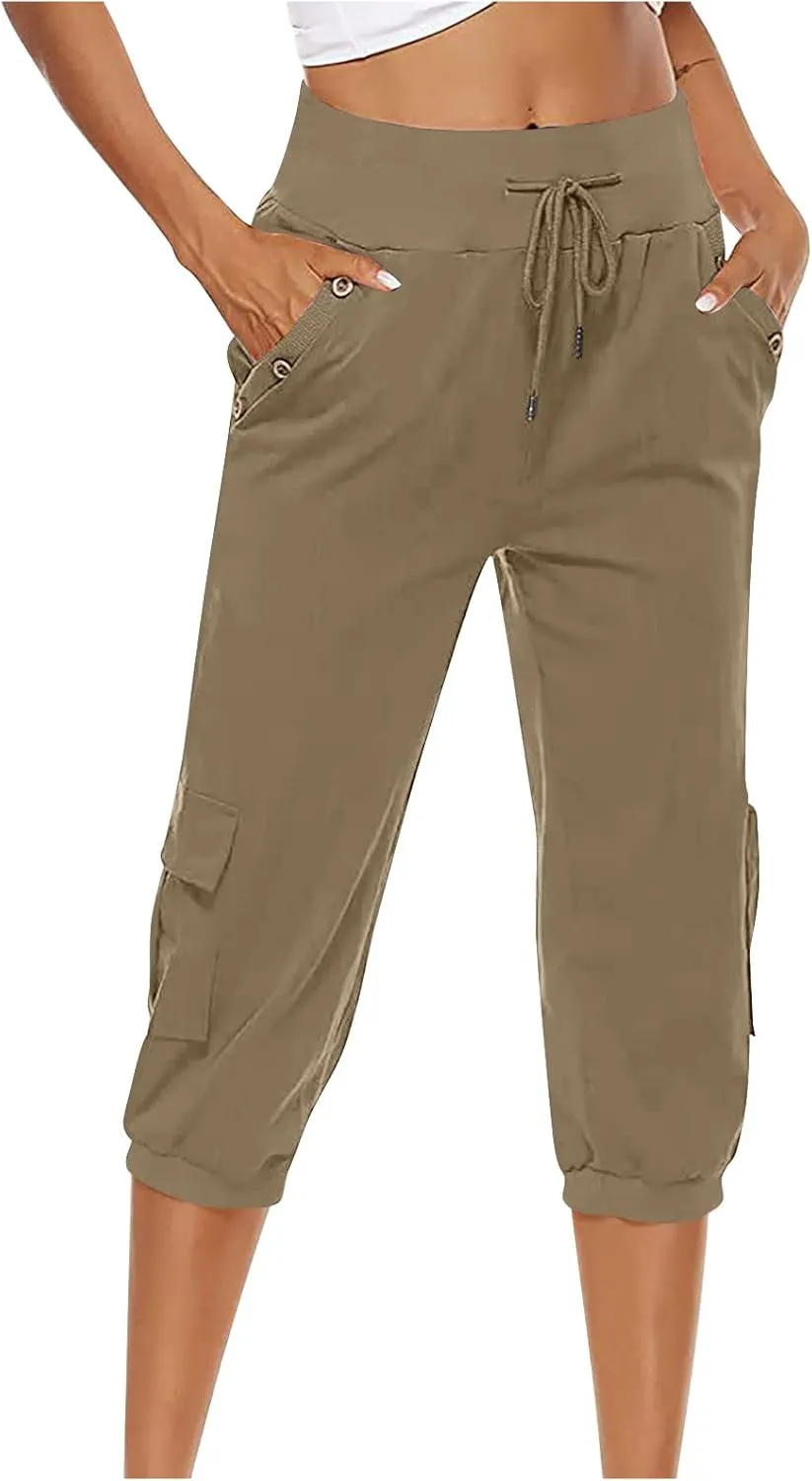 Ceboyel Women's Cotton Linen Crop Capris Drawstring Summer Cargo Pants Trendy Casual Straight Pants Dressy Ladies Clothing