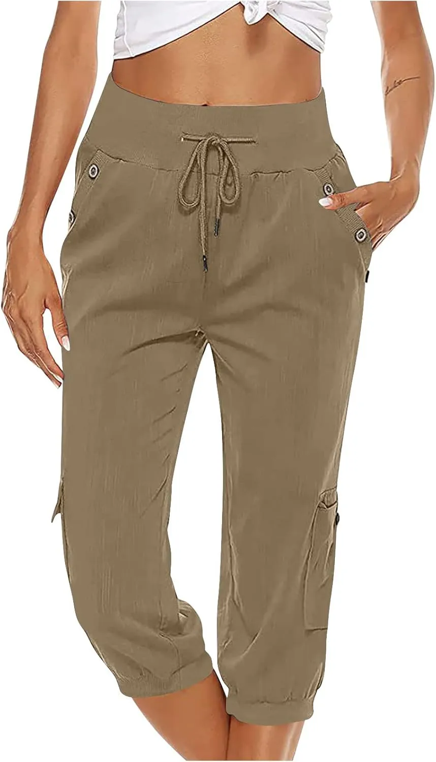 Ceboyel Women's Cotton Linen Crop Capris Drawstring Summer Cargo Pants Trendy Casual Straight Pants Dressy Ladies Clothing