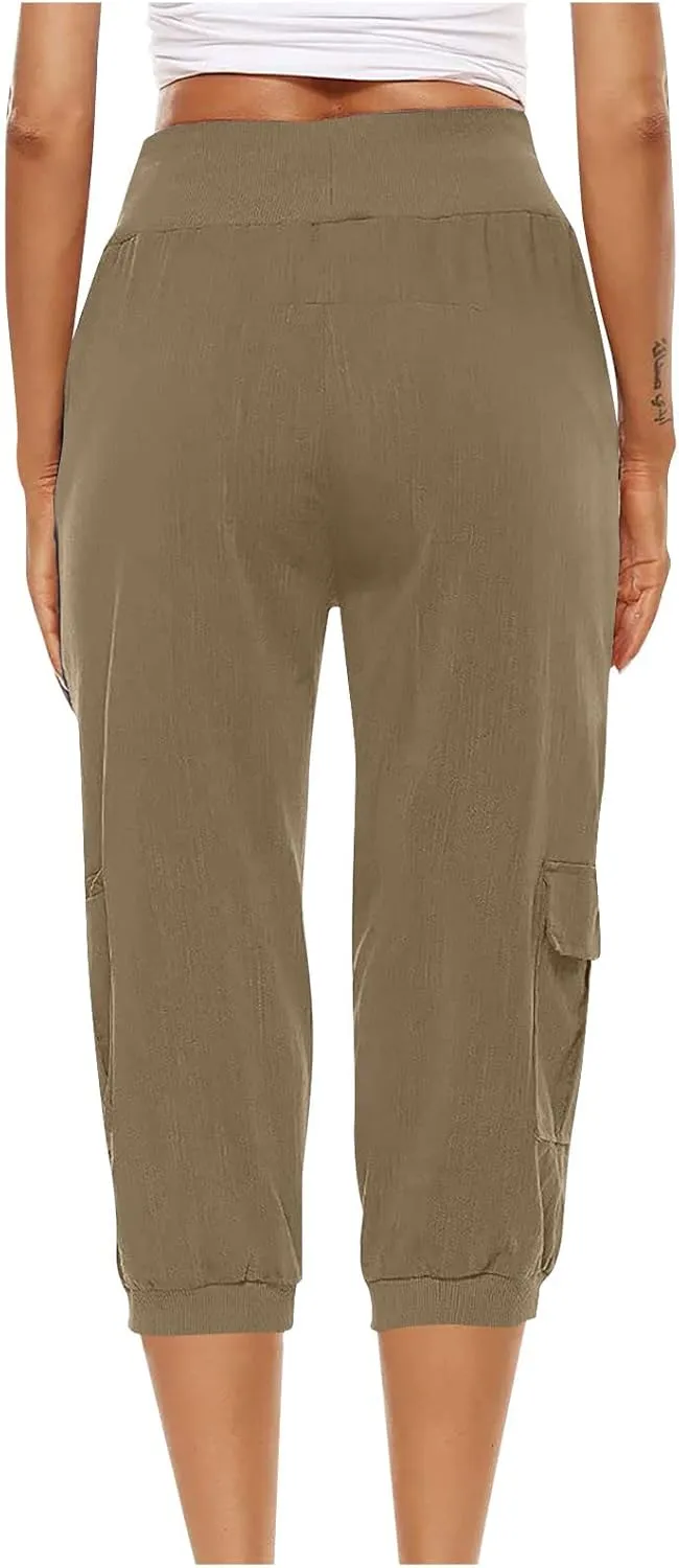 Ceboyel Women's Cotton Linen Crop Capris Drawstring Summer Cargo Pants Trendy Casual Straight Pants Dressy Ladies Clothing