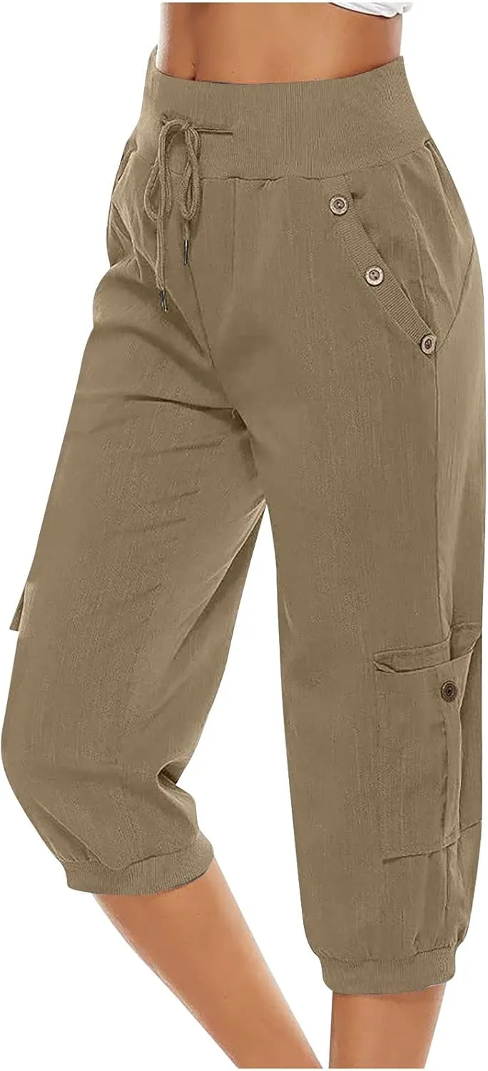 Ceboyel Women's Cotton Linen Crop Capris Drawstring Summer Cargo Pants Trendy Casual Straight Pants Dressy Ladies Clothing