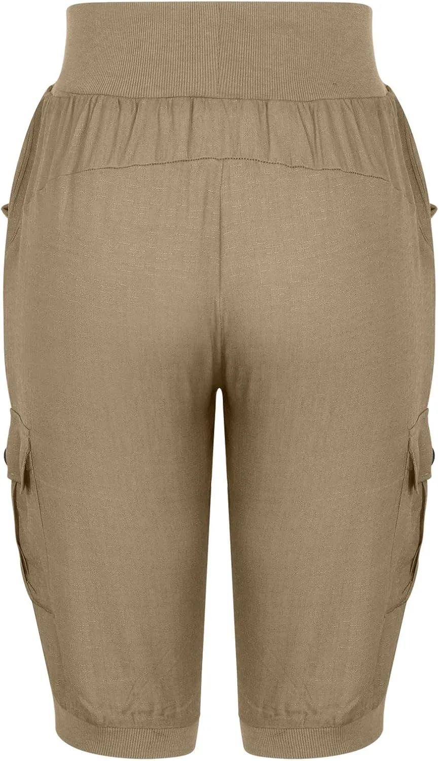 Ceboyel Women's Cotton Linen Crop Capris Drawstring Summer Cargo Pants Trendy Casual Straight Pants Dressy Ladies Clothing