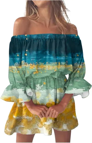 Ceboyel Womens Floral Ruffle Dress Off The Shoulder Summer Skater Dresses Boho Short Sundress Cruise Beach Vacation Clothes
