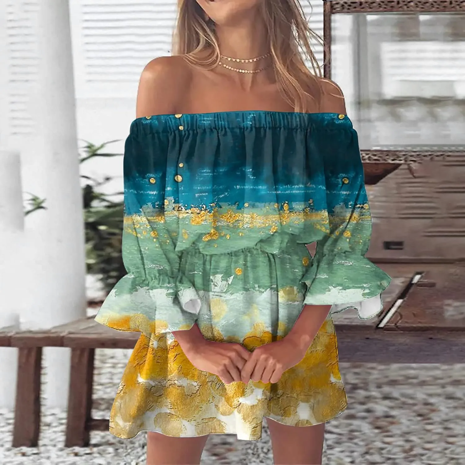 Ceboyel Womens Floral Ruffle Dress Off The Shoulder Summer Skater Dresses Boho Short Sundress Cruise Beach Vacation Clothes